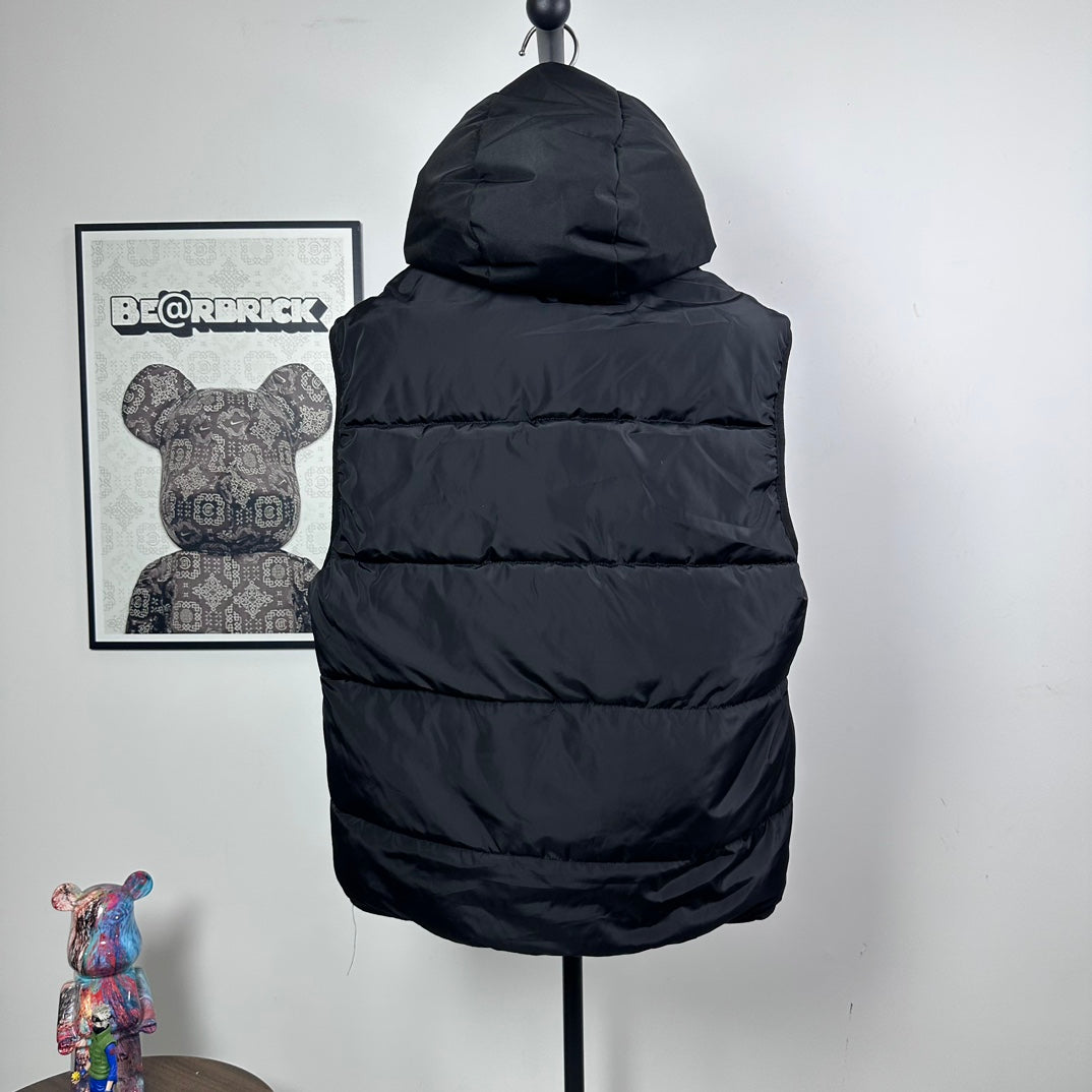 Moncler hooded puffer vest, back view, dark quilted stripes and full-length zipper