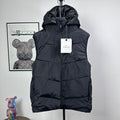 Moncler hooded puffer vest, front zip, dark quilted panels, elastic hem and cuffs