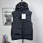 Moncler hooded puffer vest, front zip, dark quilted panels, elastic hem and cuffs