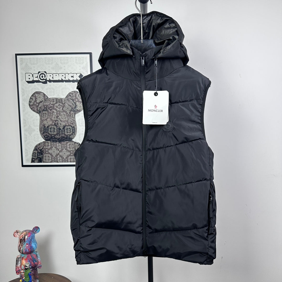 Moncler hooded puffer vest, front zip, dark quilted panels, elastic hem and cuffs