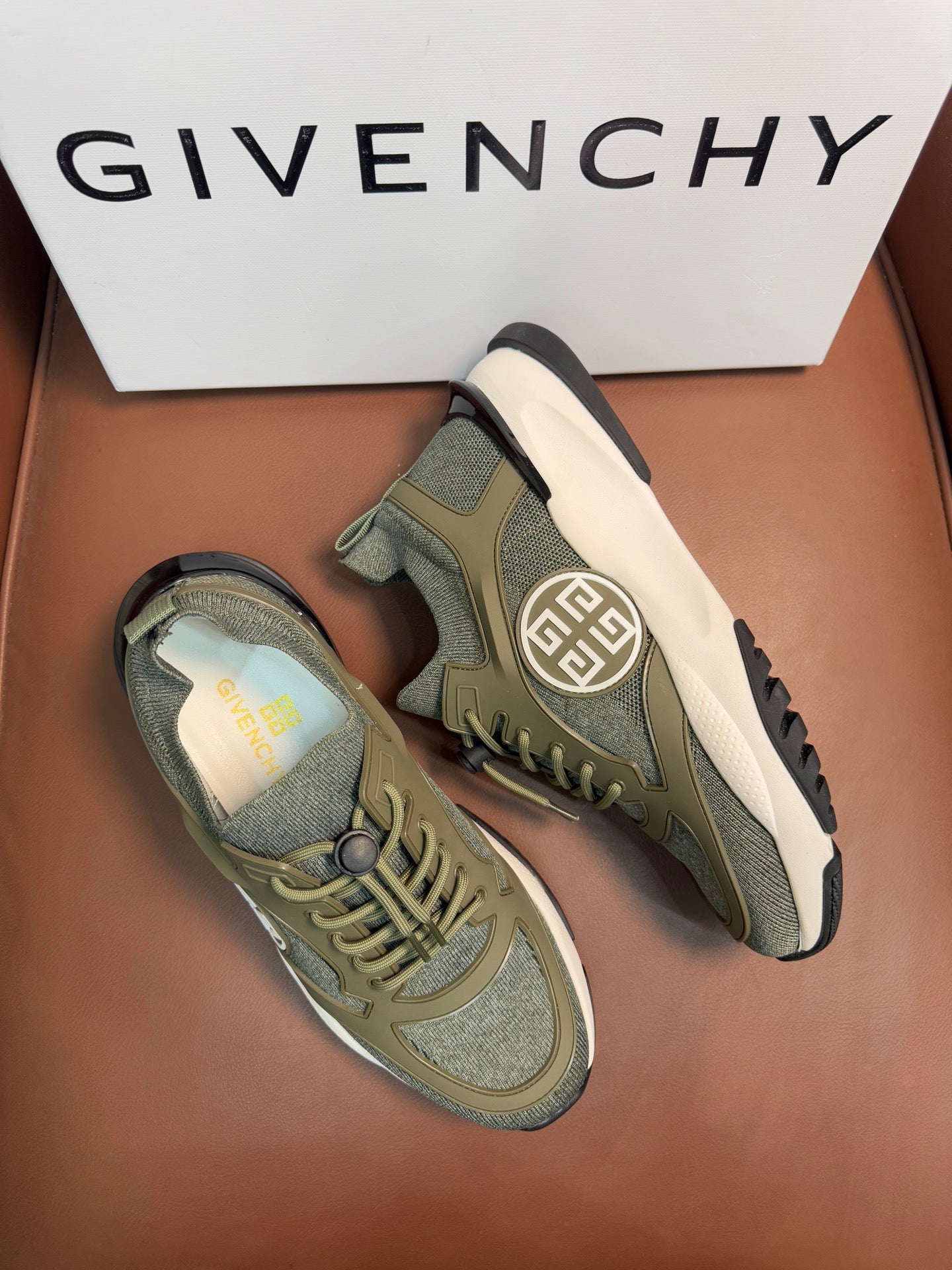 Givenchy sneakers with side logo and lace-up design, olive green and light sole