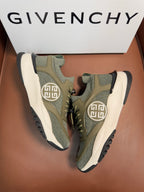 Givenchy luxury sneakers, olive green uppers with embossed logo on side
