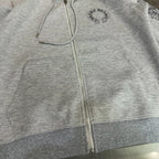 Grey zip-up hoodie front close-up with drawstrings and zipper