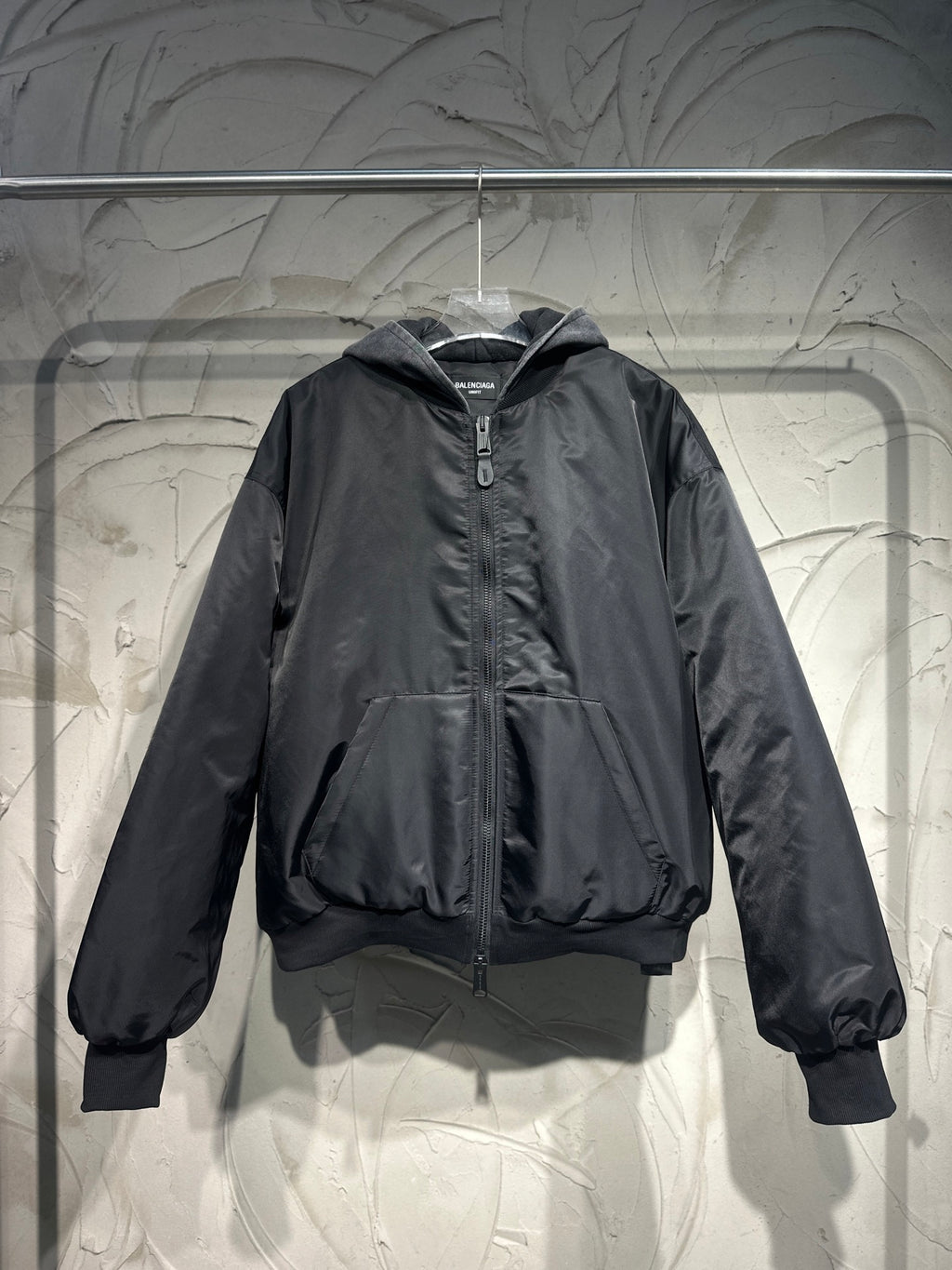 Balenciaga long hooded jacket in dark gray, full-zip bomber with ribbed cuffs