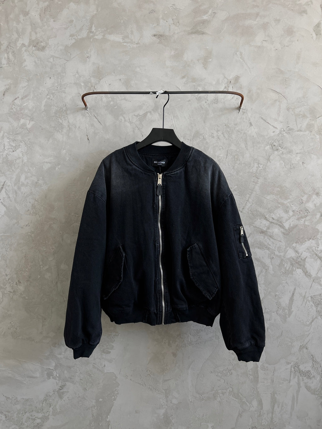 Balenciaga dark denim bomber jacket with zip front and ribbed cuffs