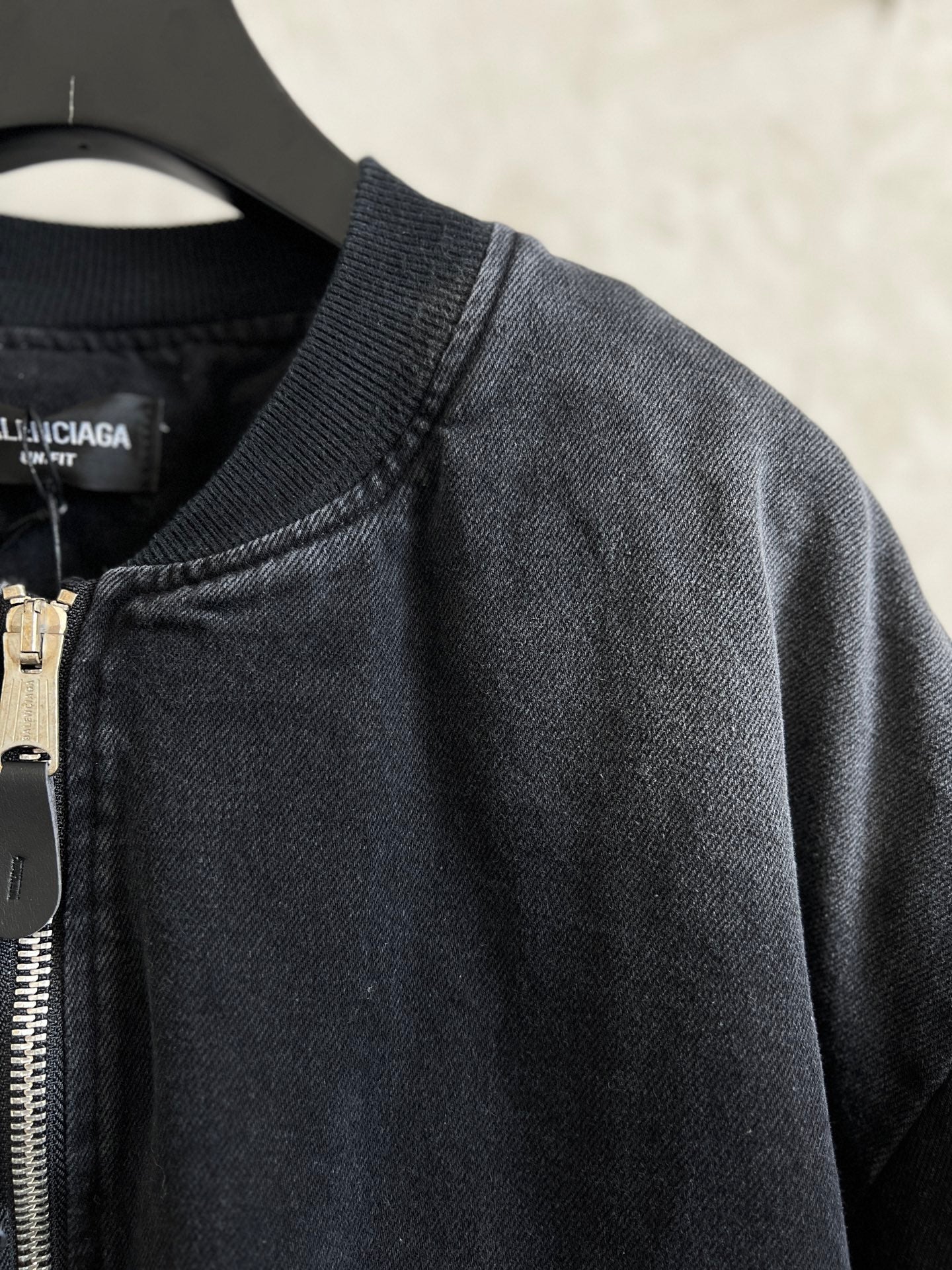 Balenciaga denim bomber jacket shoulder and ribbed collar with partial zipper