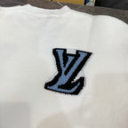White knit sweater with Louis Vuitton blue monogram patch, crew neck