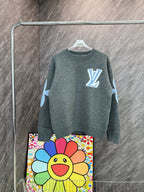 Dark gray-green long-sleeve knit sweatshirt with blue LV-style emblem and graphic sleeves