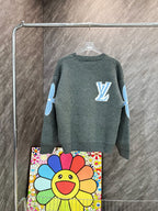 Dark gray-green long-sleeve knit sweatshirt with blue LV-style emblem on back