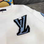 White knit sweater with Louis Vuitton blue logo embroidery, crew neck