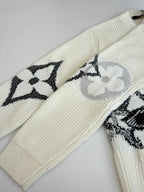 Cream knit sweater with long sleeves and black-and-white LV motif