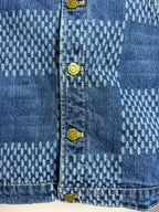 Blue denim jacket close-up of buttoned front and patterned yoke panels