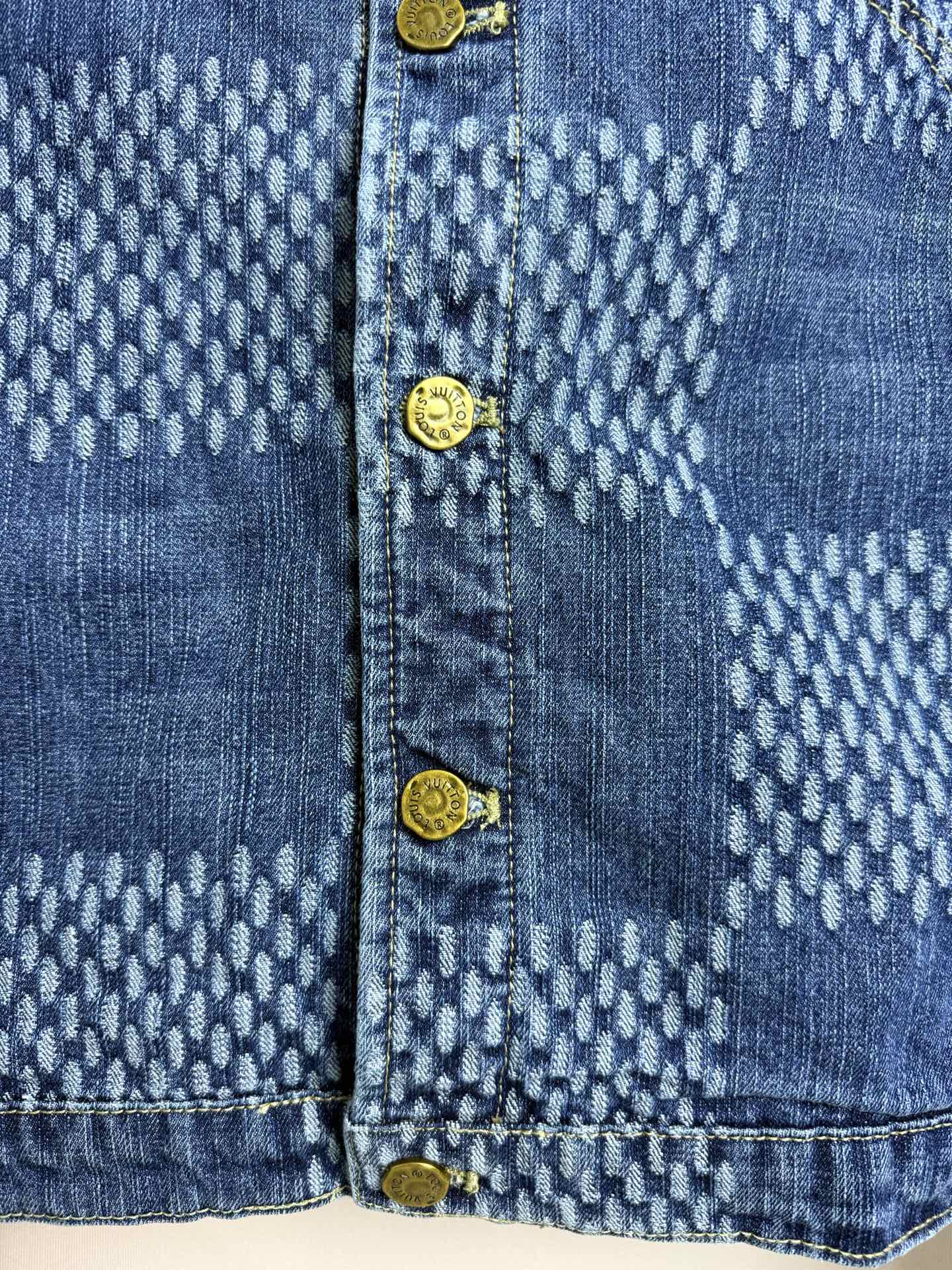 Blue denim jacket close-up of buttoned front and patterned yoke panels