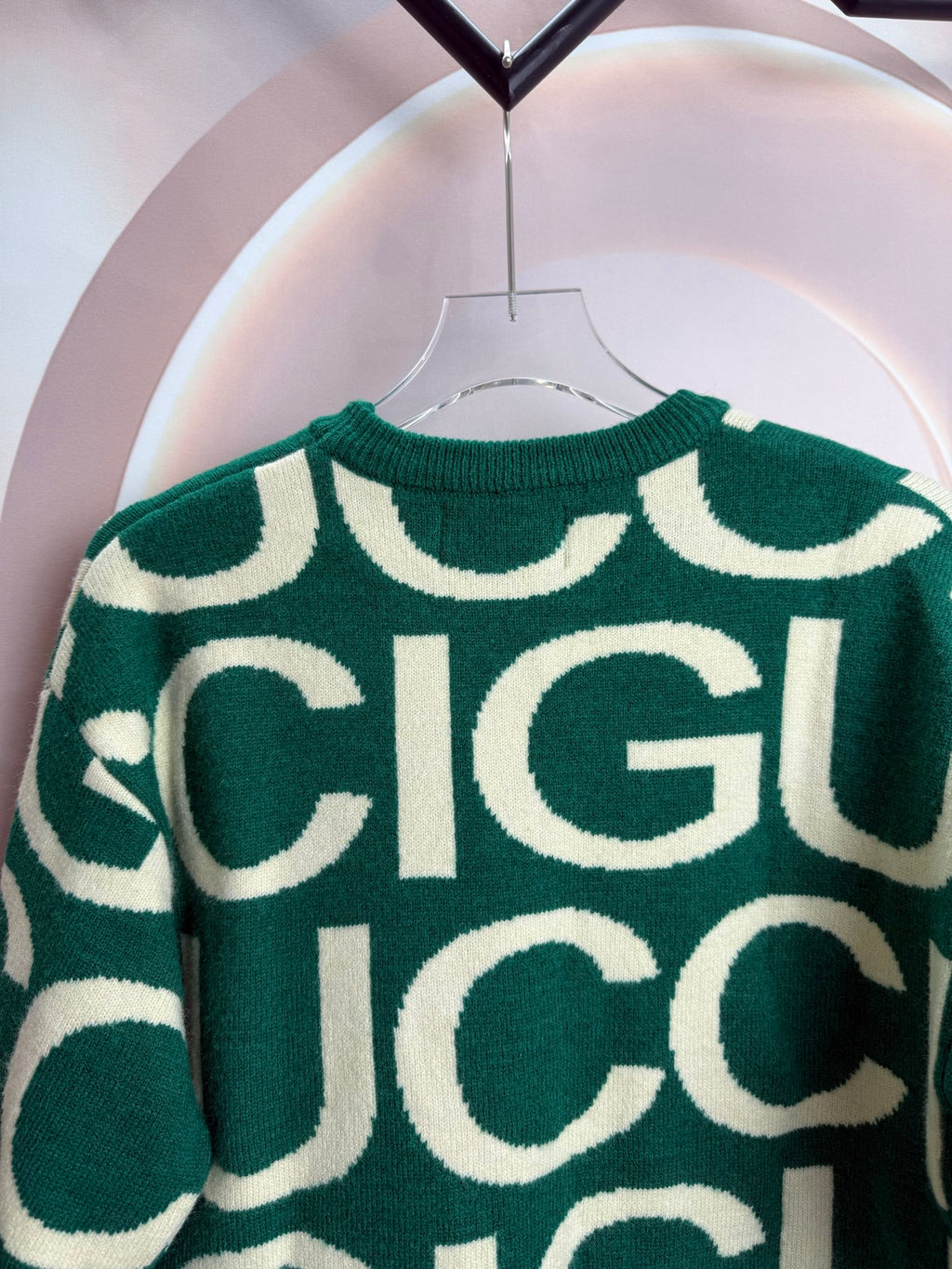 Long-sleeve knit sweater, green with large cream logo lettering