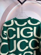 Long-sleeve knit sweater, green with large cream logo lettering