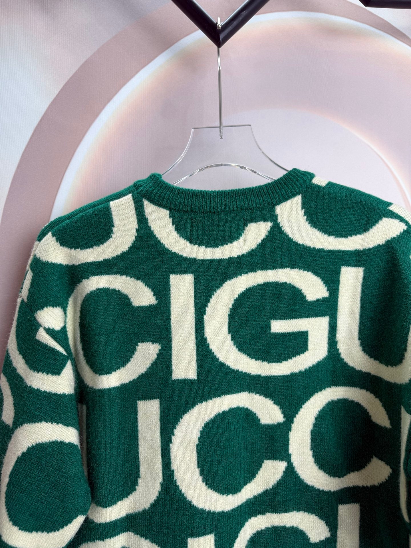 Long-sleeve knit sweater, green with large cream logo lettering