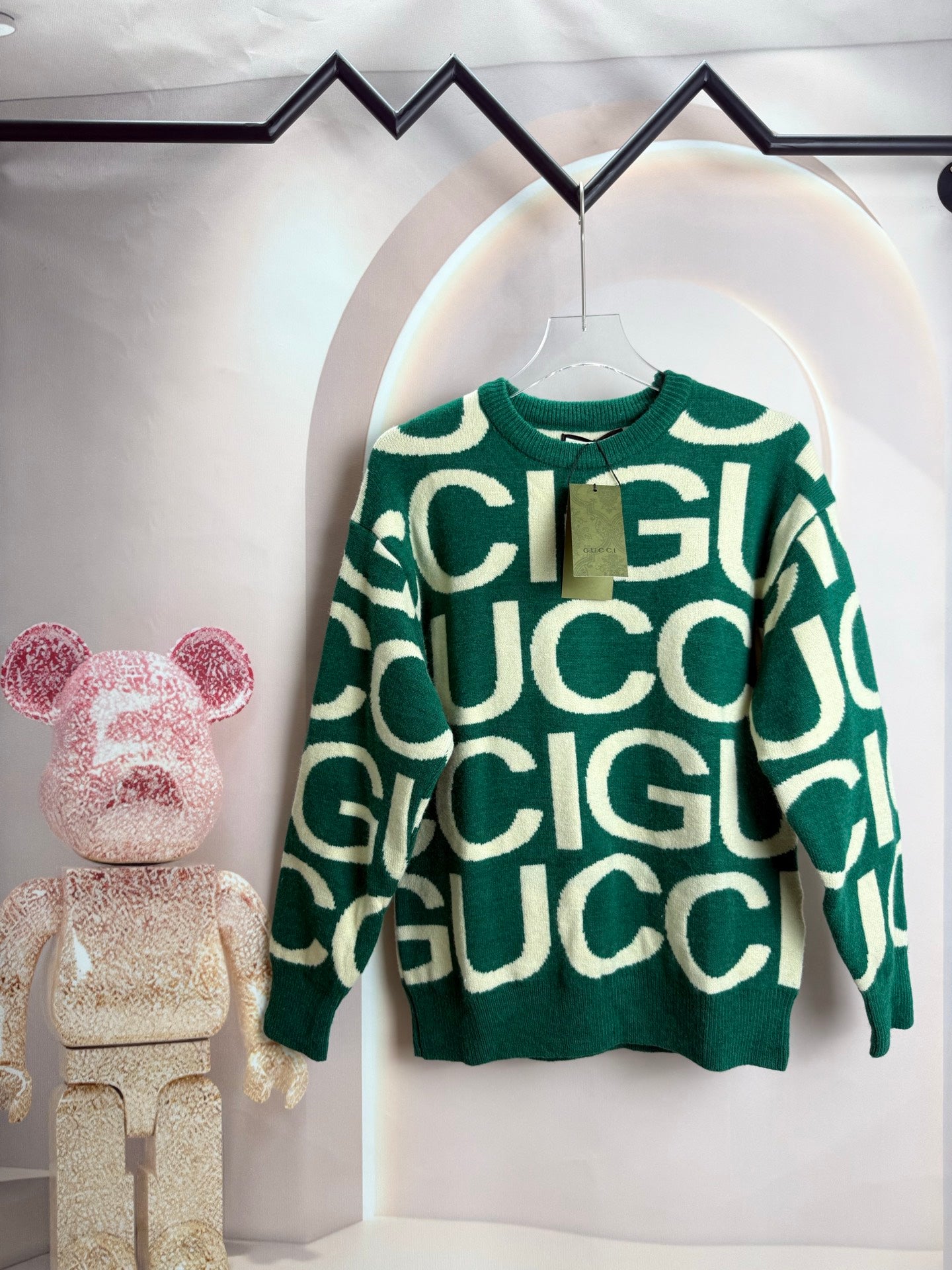 Gucci long-sleeve knit sweater, green with cream lettering pattern