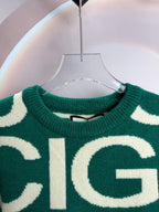Long-sleeve knit sweater neckline, green with cream logo lettering