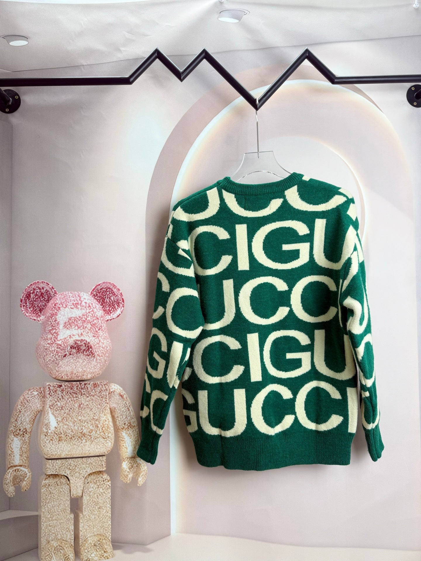 Long-sleeve knit sweater, green with cream logo-style lettering pattern