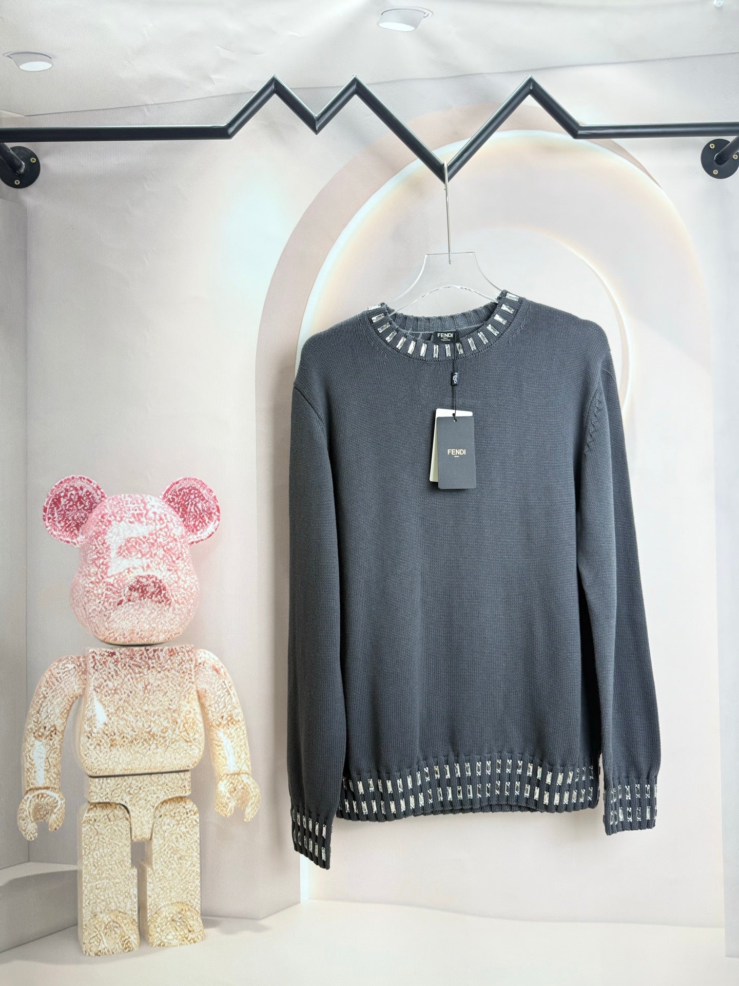 Fendi dark gray long-sleeve sweater with studded trim at neckline and hem