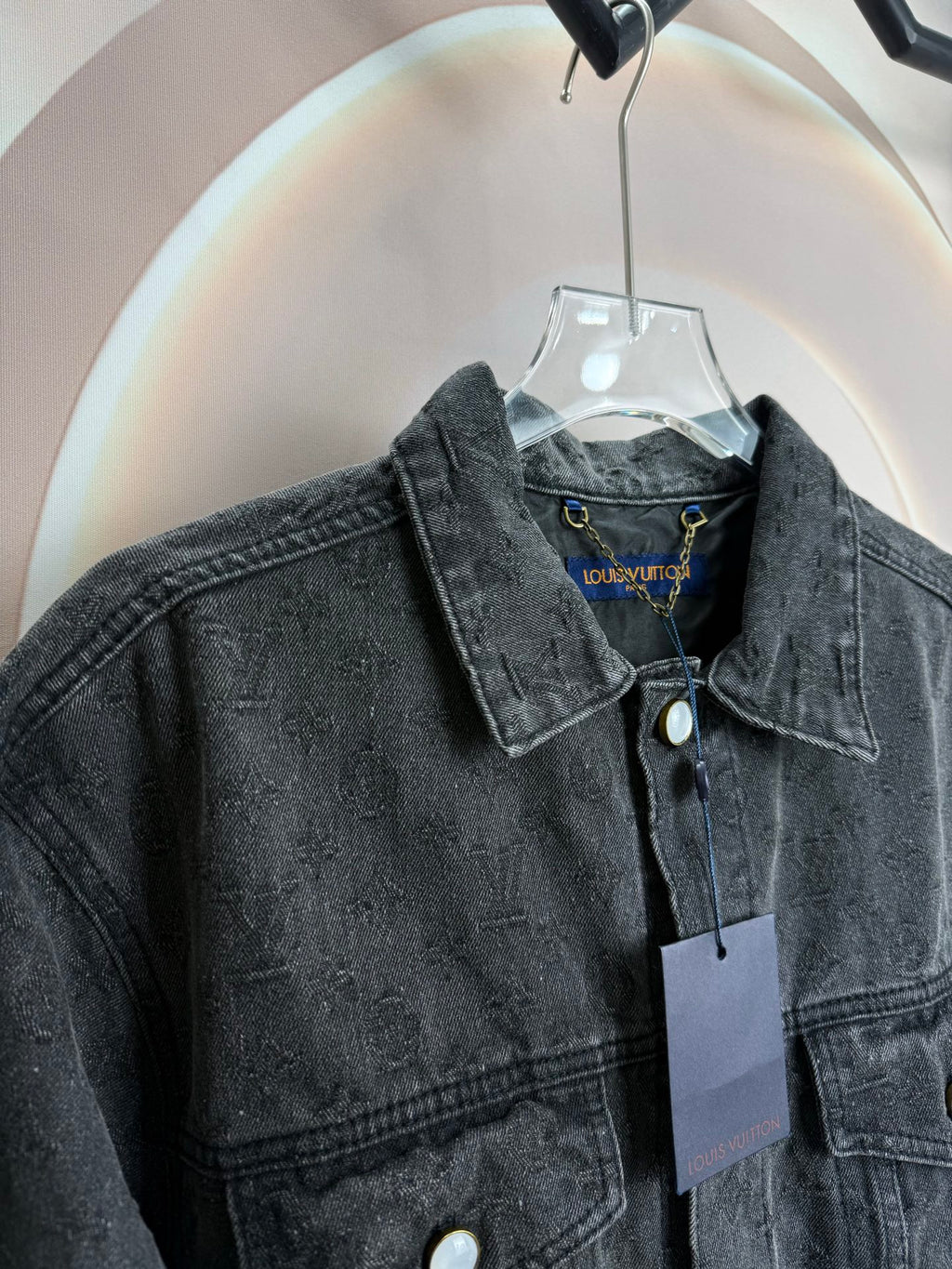 Louis Vuitton dark denim jacket shoulder with button placket