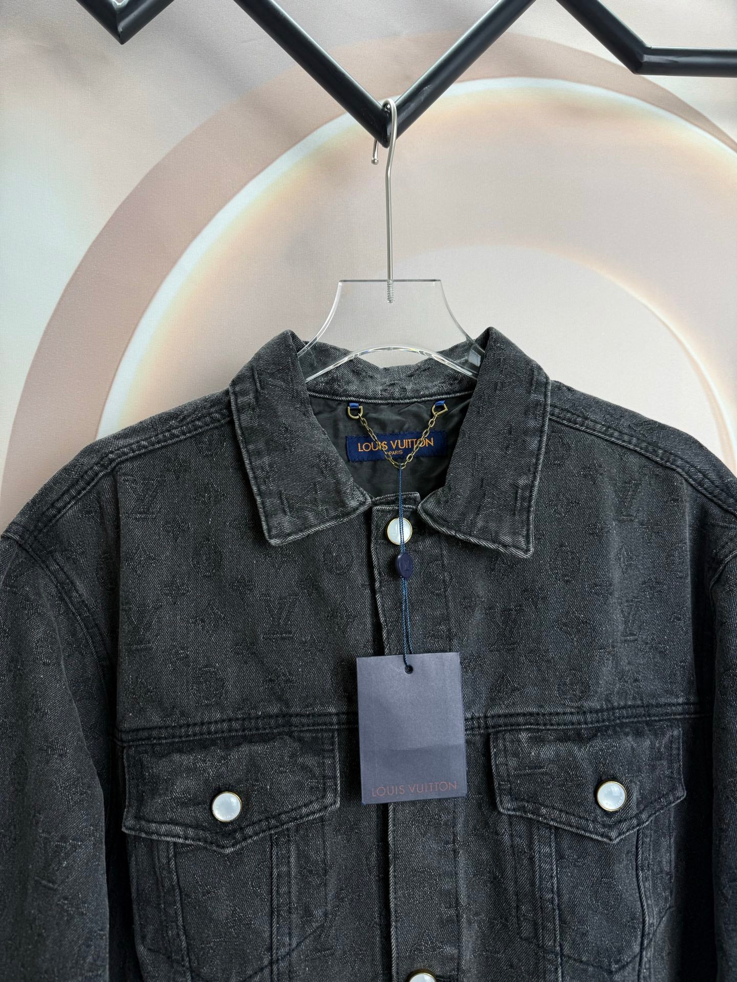 Louis Vuitton dark denim jacket with snap collar and chest pocket