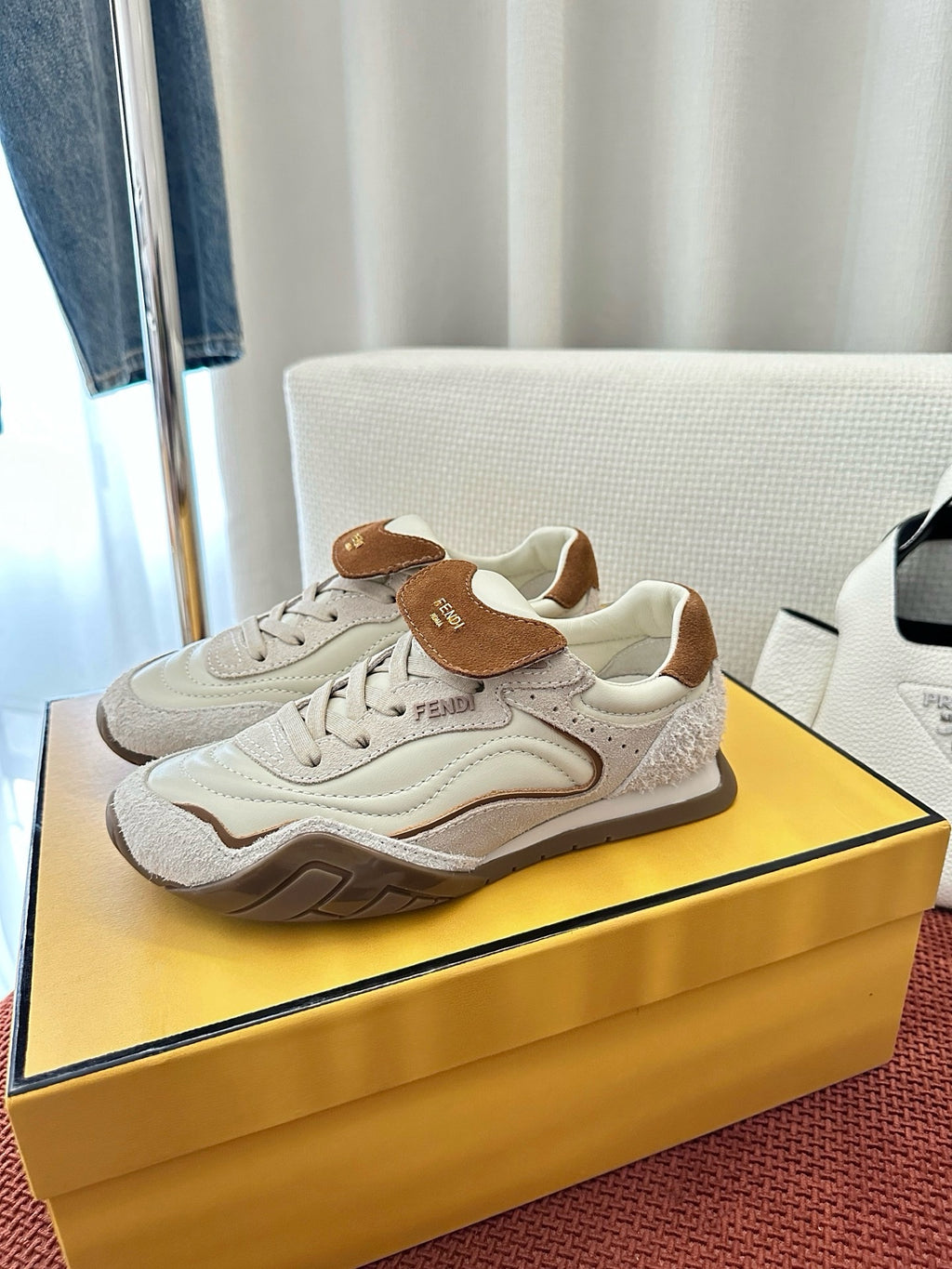 Fendi unisex white sneakers with brown suede detail and chunky rubber sole