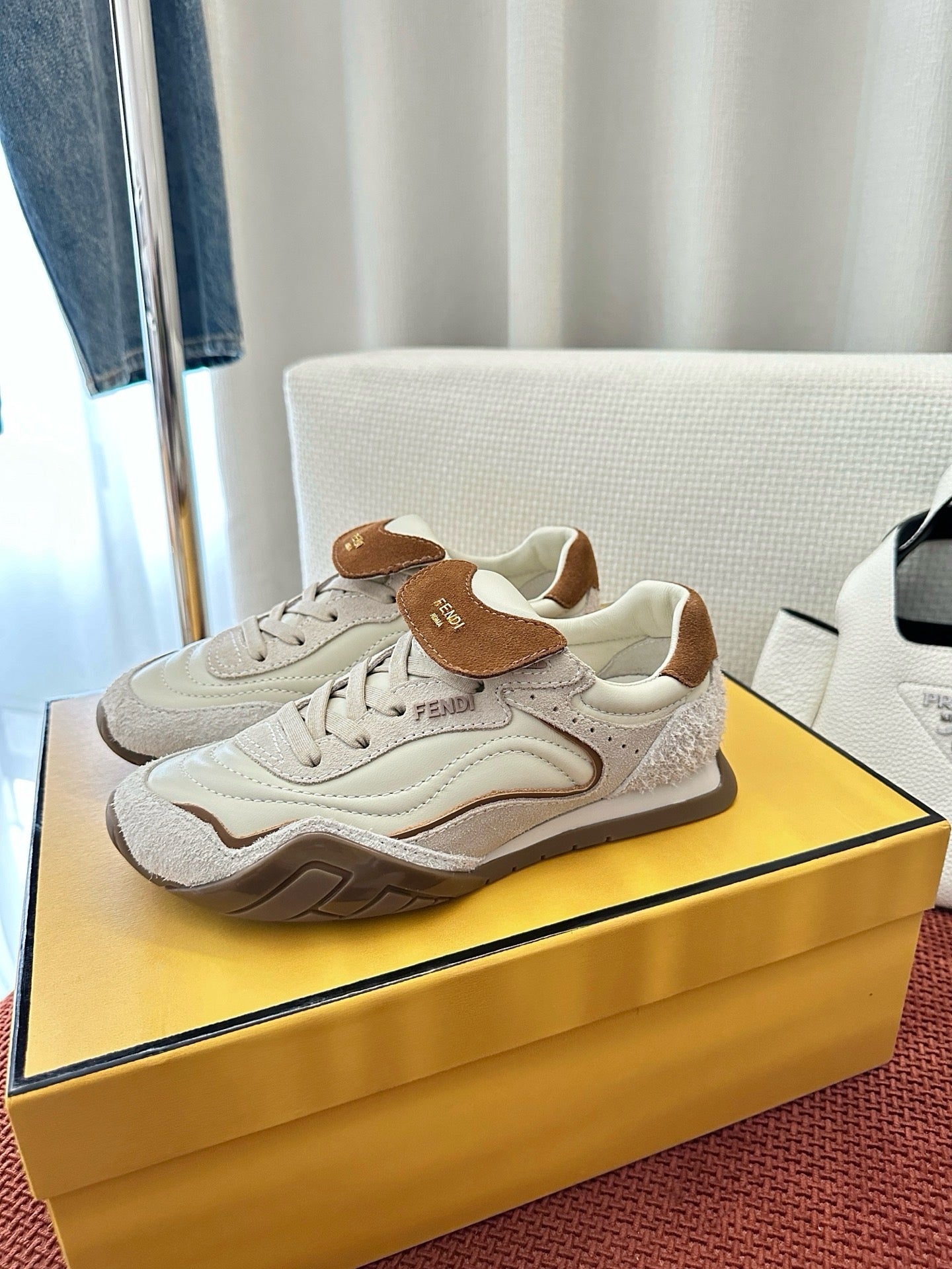 Fendi unisex white sneakers with brown suede detail and chunky rubber sole