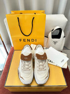 Fendi unisex white lace-up sneakers with brown suede heel patch and logo
