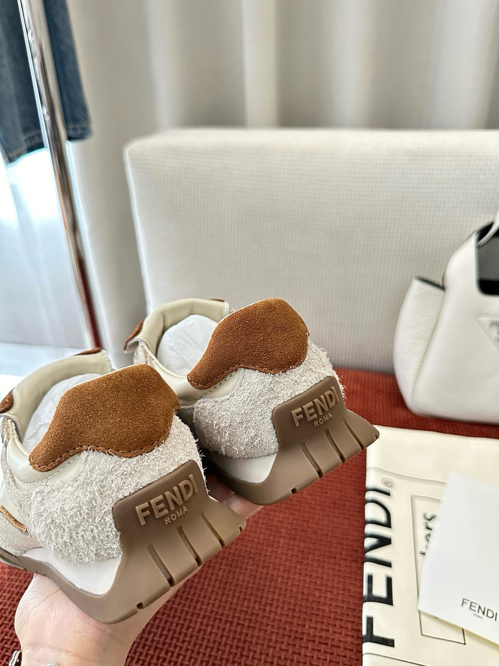 Fendi unisex white sneakers with brown suede heel tabs and beige outsole