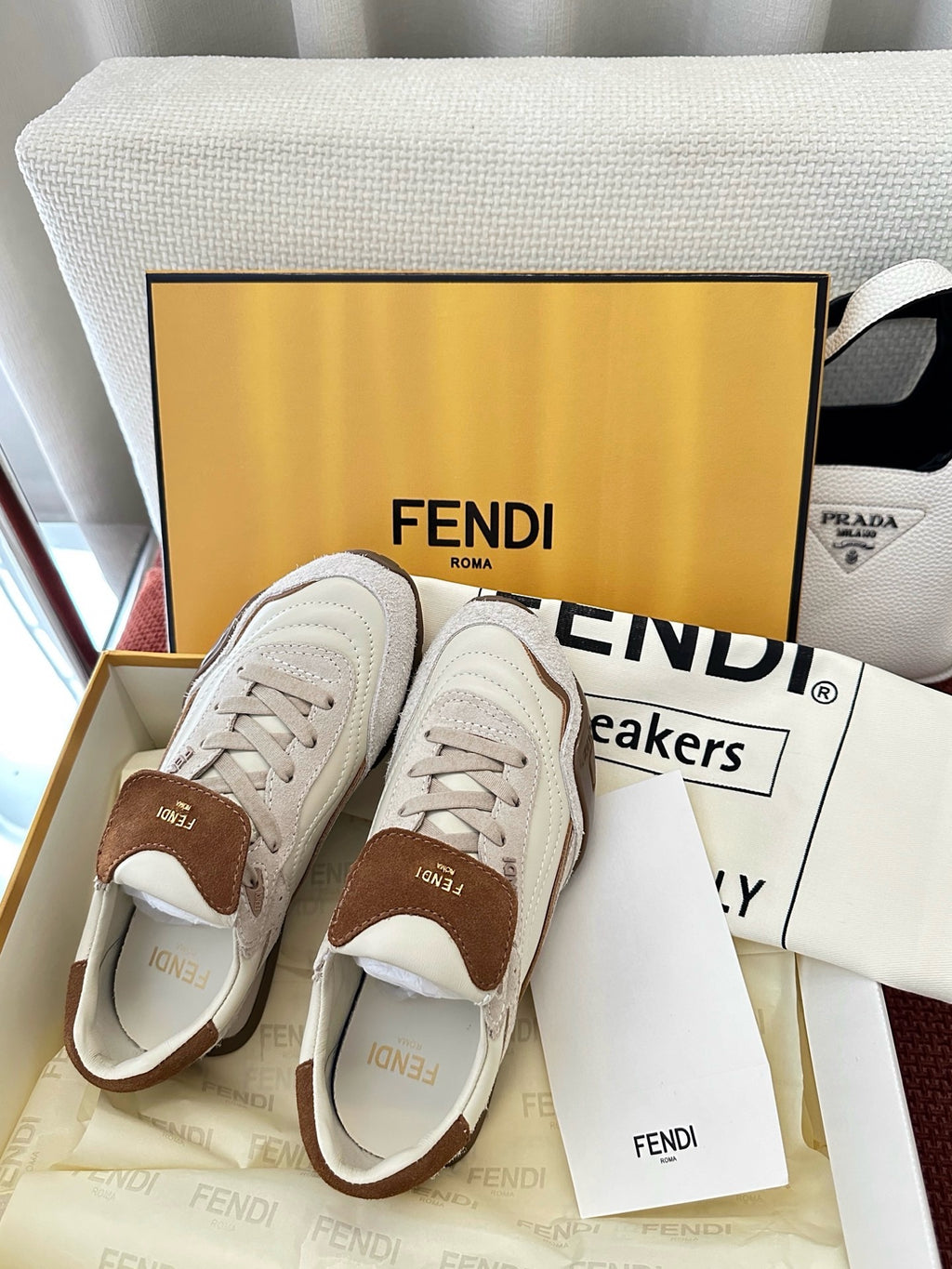 Fendi unisex white lace-up sneakers with brown suede heel tabs