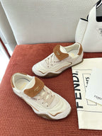 Fendi unisex white sneakers with brown suede heel tabs, lace-up front