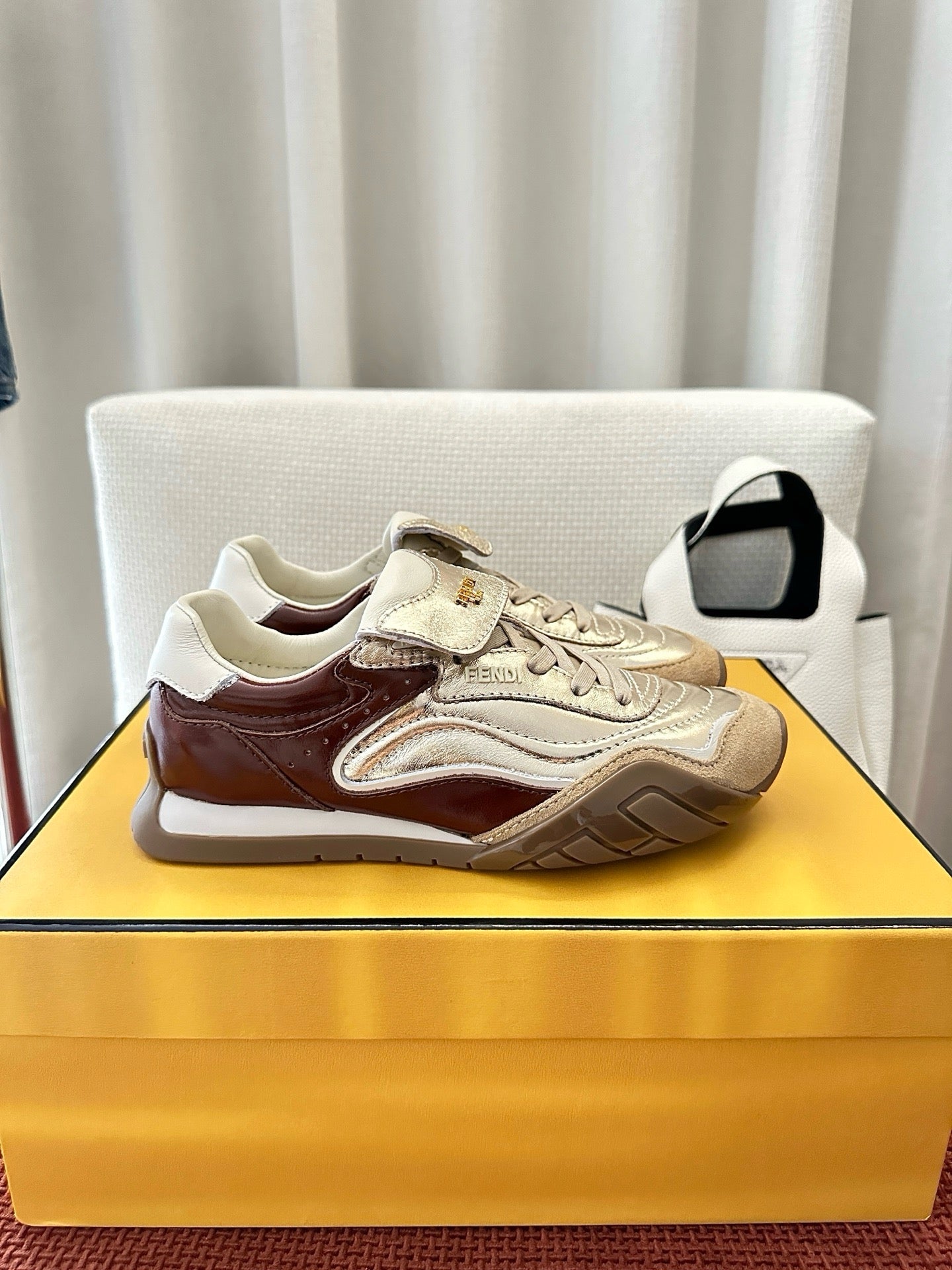 Fendi unisex sneakers, brown and cream colorblock with lace-up front
