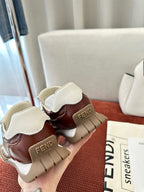 Fendi unisex sneakers, back view with dark brown uppers and beige Velcro straps