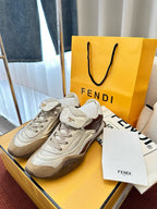 Fendi unisex sneakers, beige and white with lace-up closure and side branding