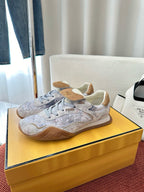 Fendi unisex lace-up sneakers, light blue-gray uppers with tan suede toe and heel details