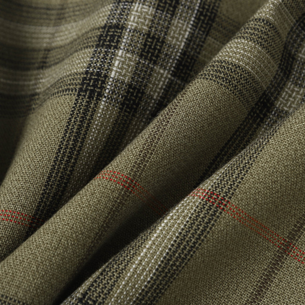 Olive plaid pants fabric with black and red stripe pattern
