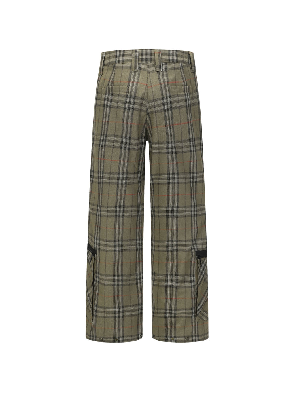 Olive plaid wide-leg pants with black trim panel at the hem