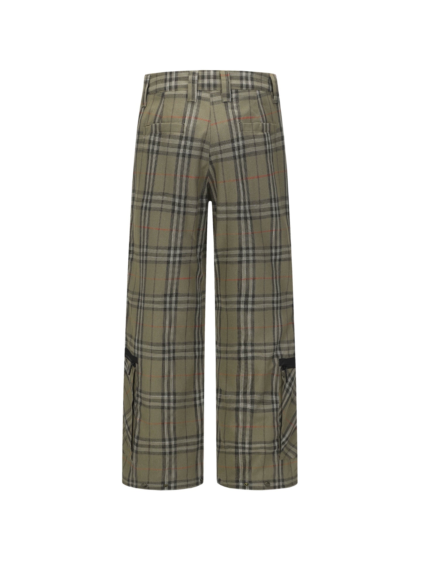 Olive plaid wide-leg pants with black trim panel at the hem