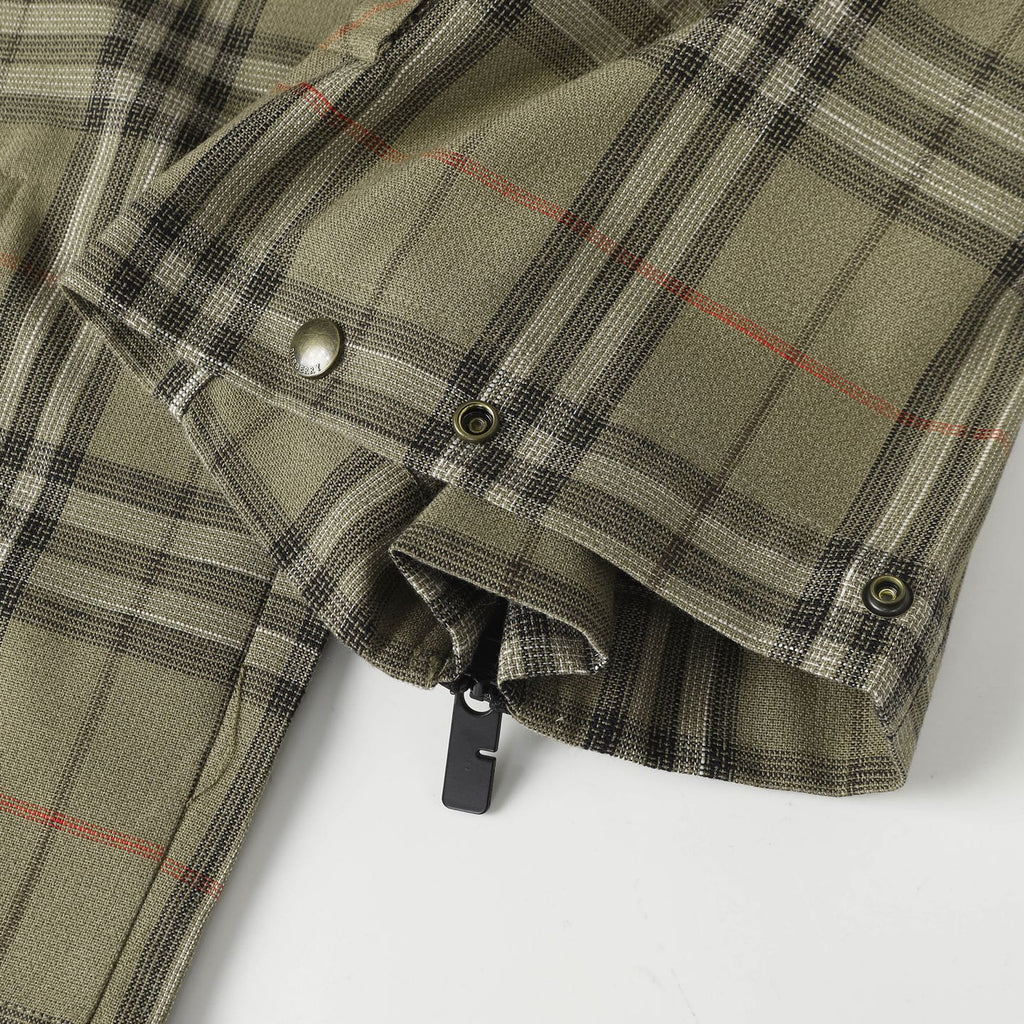 Plaid pants with button closure and side hem tag