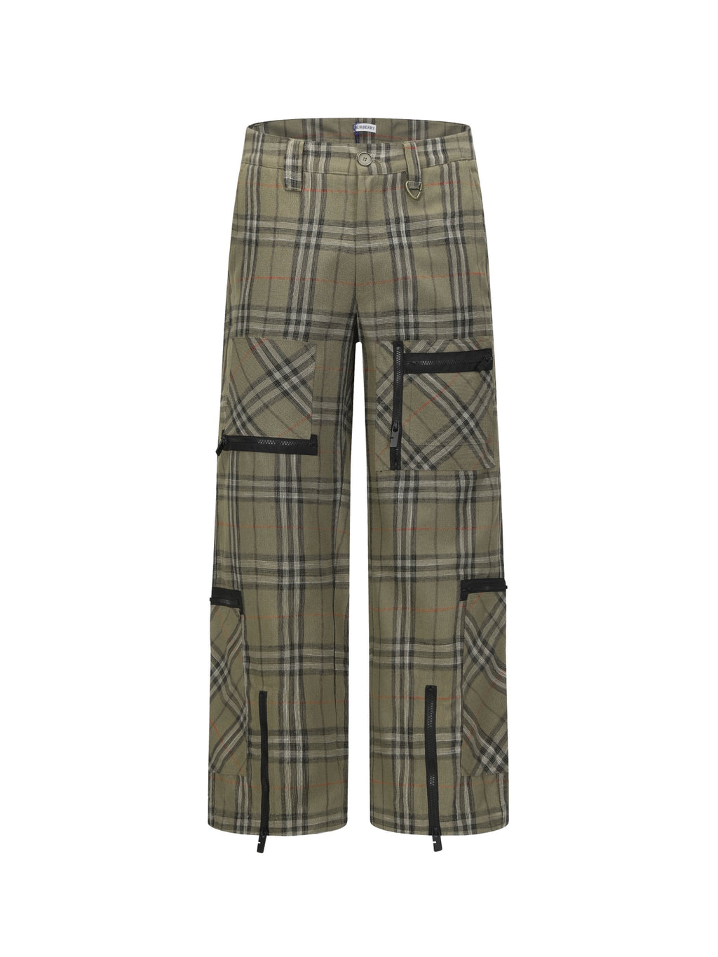 Plaid pants in olive with black contrast panels and utility-style pocket details