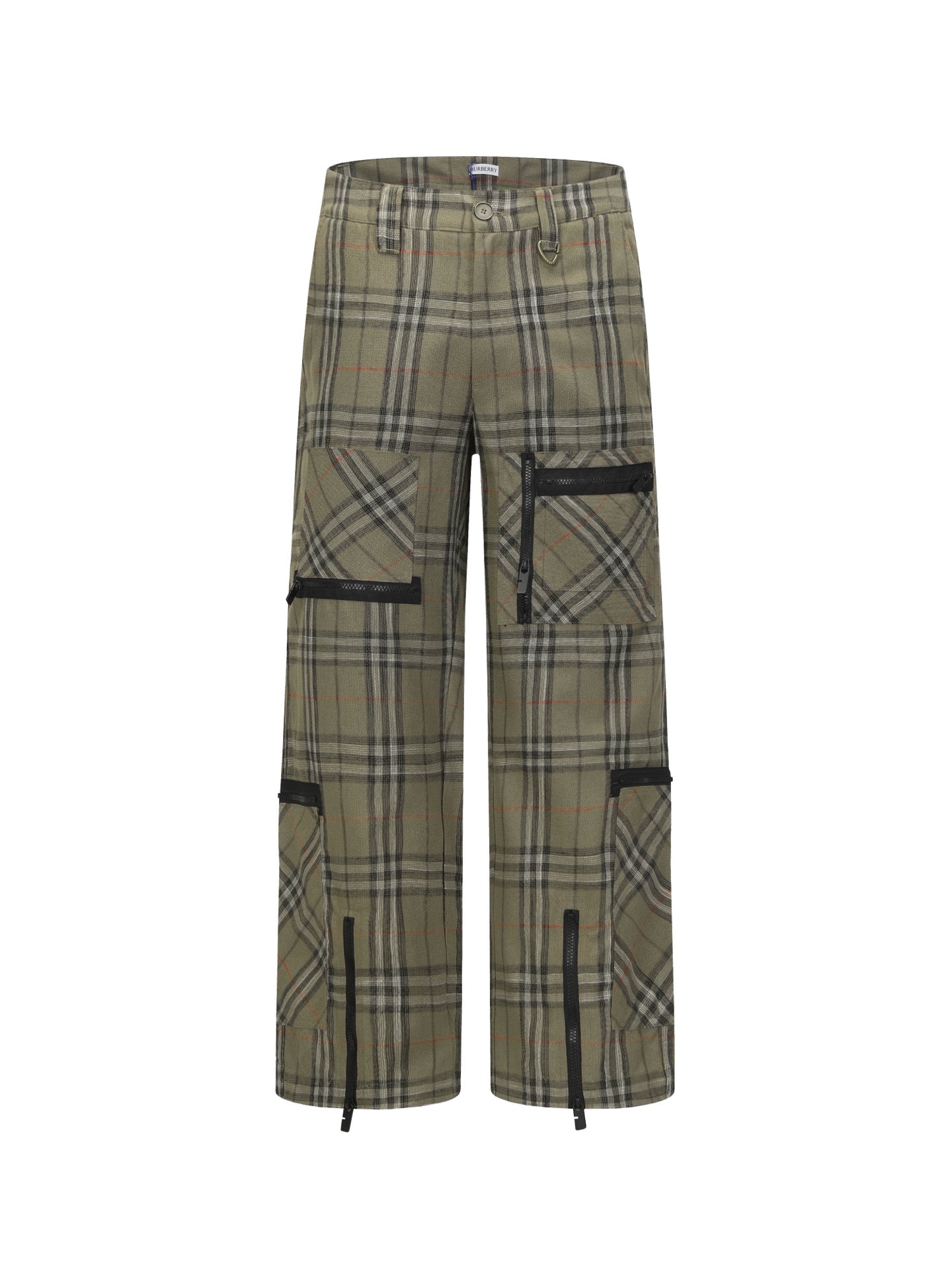 Plaid pants in olive with black contrast panels and utility-style pocket details