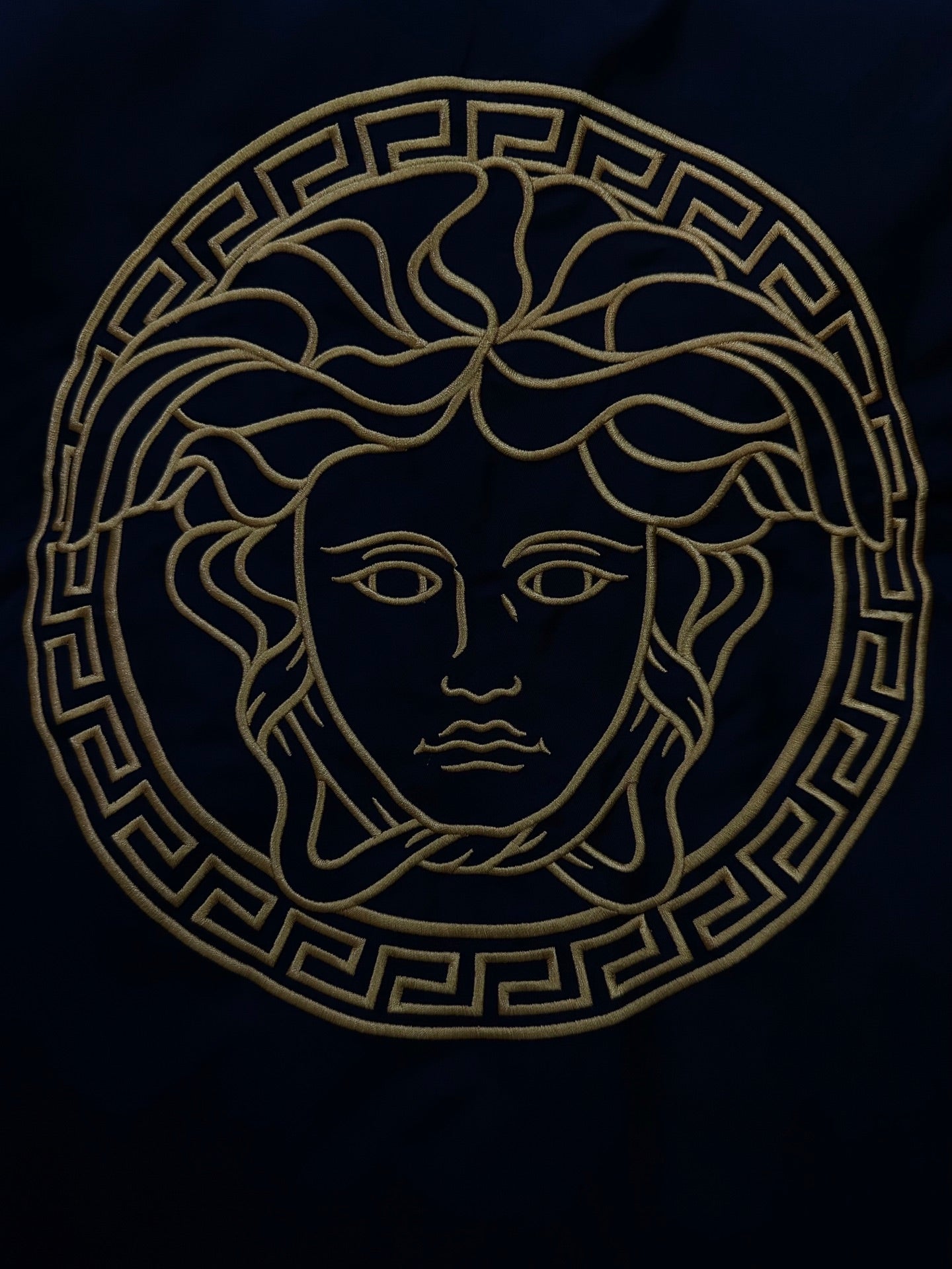 Gold Medusa emblem on black Versace bomber jacket back