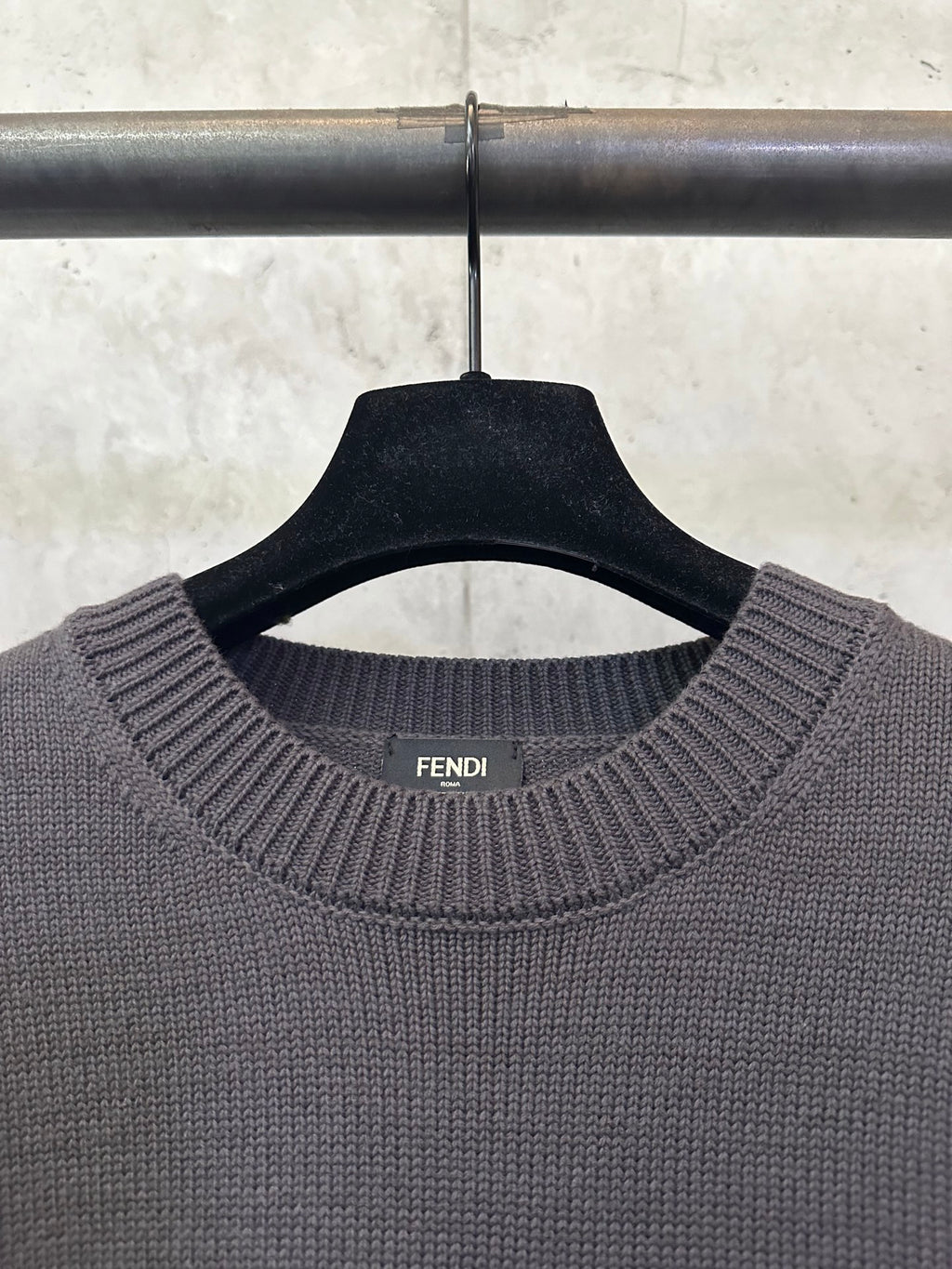 Long-sleeve knit sweater crew neckline, dark gray; Fendi label inside