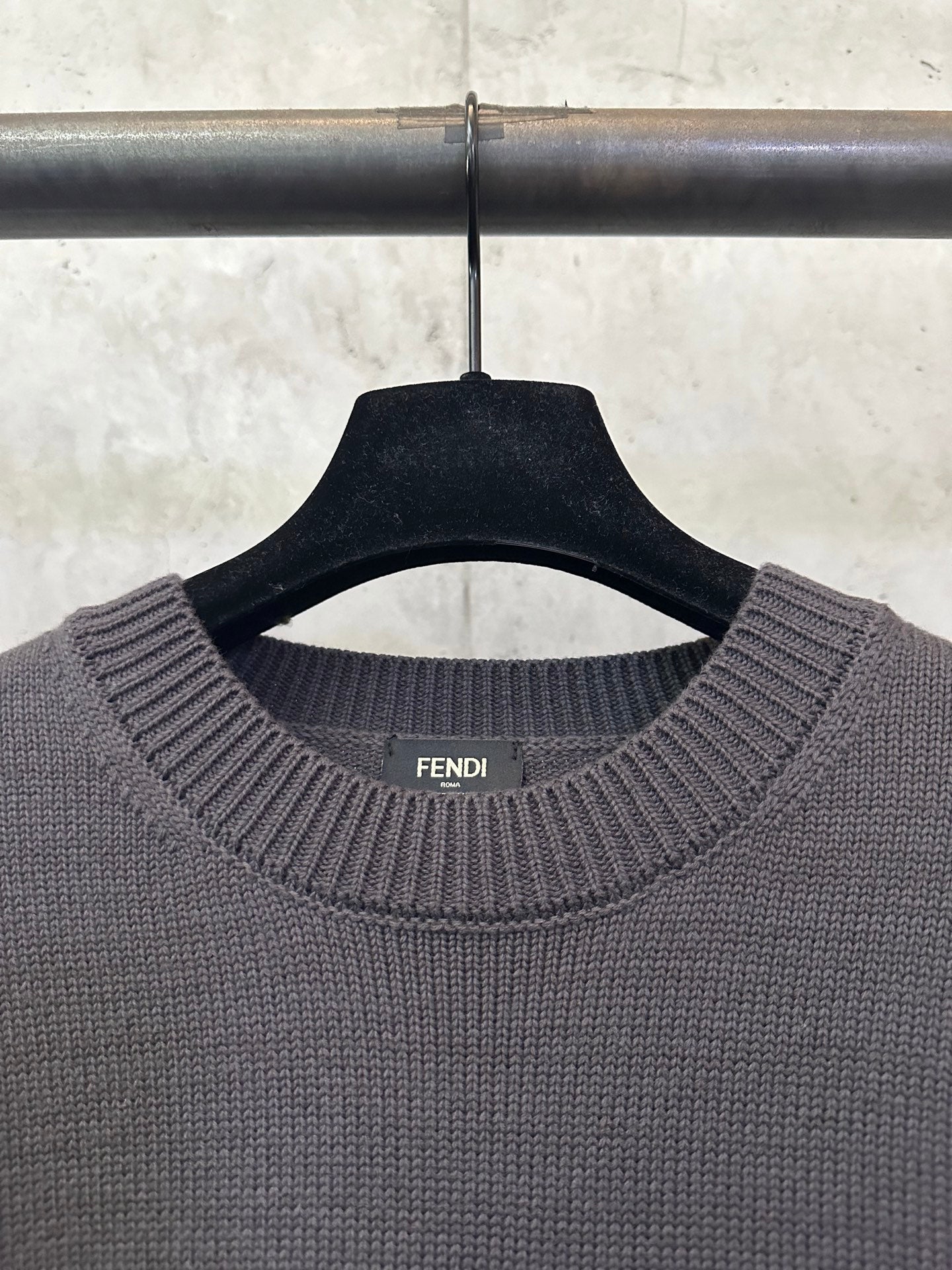 Long-sleeve knit sweater crew neckline, dark gray; Fendi label inside
