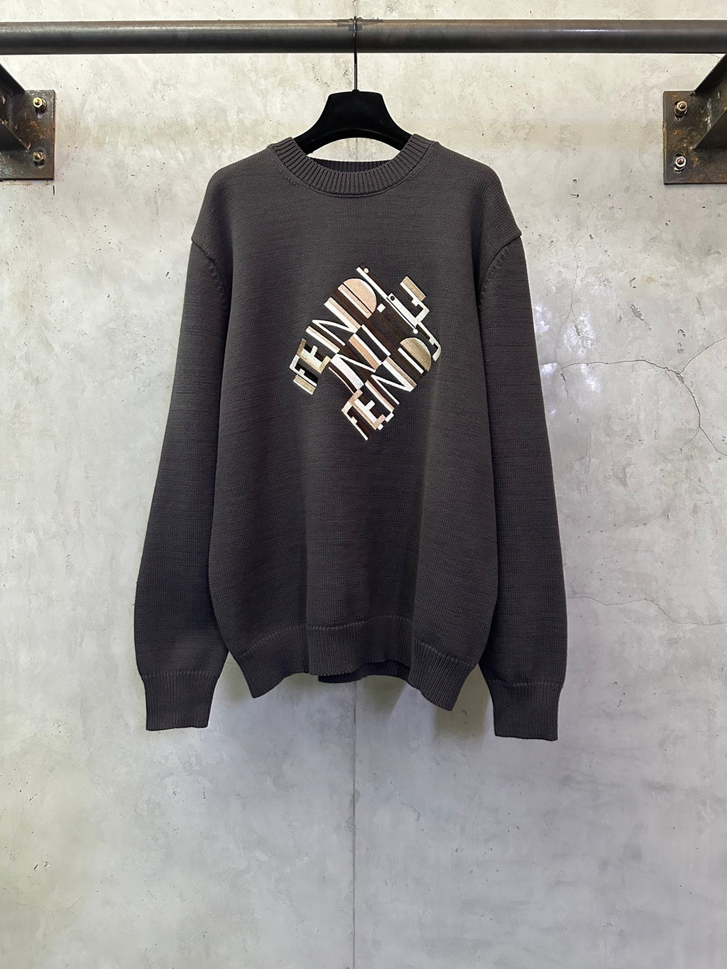 Long-sleeve knit sweater with Fendi monogram graphic, dark gray