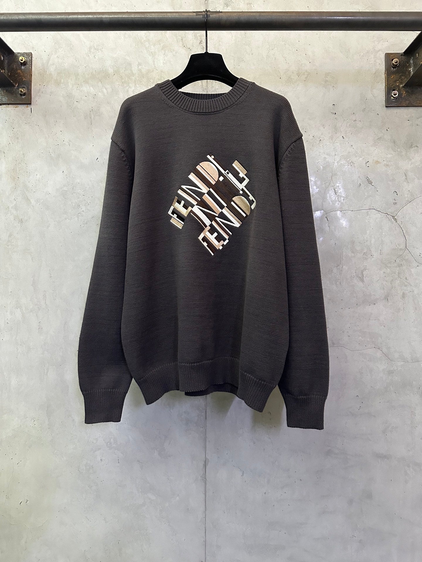 Long-sleeve knit sweater with Fendi monogram graphic, dark gray