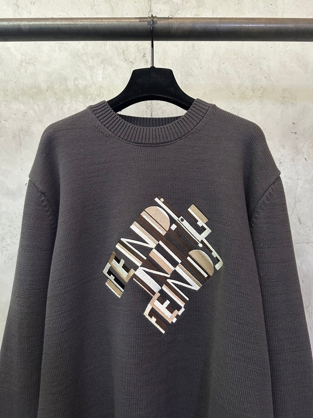 Long-sleeve knit sweater with Fendi monogram graphic, dark gray