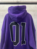 Purple Balenciaga hoodie back with large '01' number graphic and hood