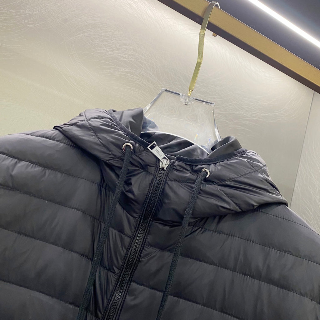 Navy quilted hooded jacket with full zip and drawstring hood